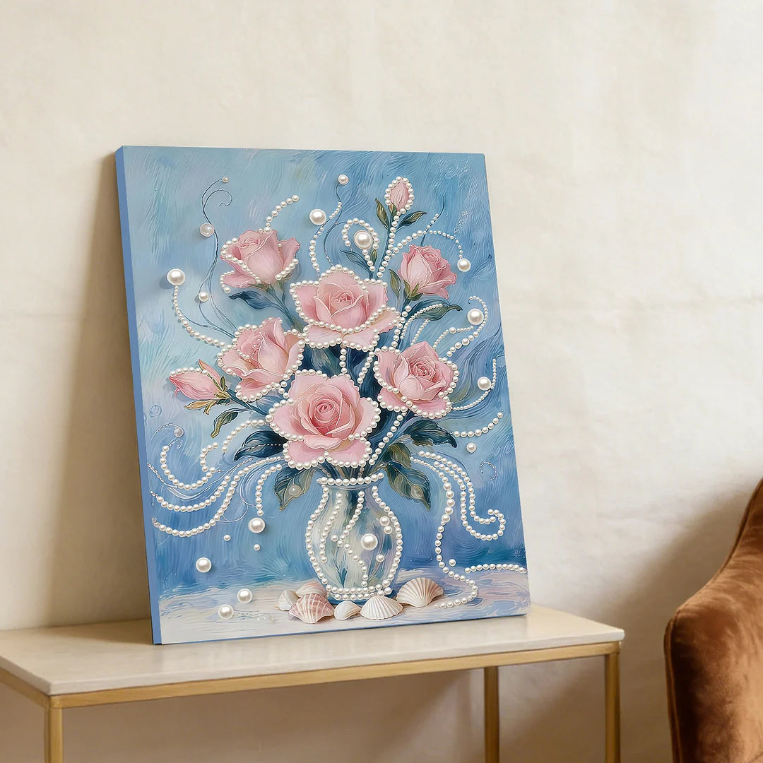 DIY Pearl Painting With Frame - Handmade Self-Adhesive Pearls - Pink flowers (30*40cm) A