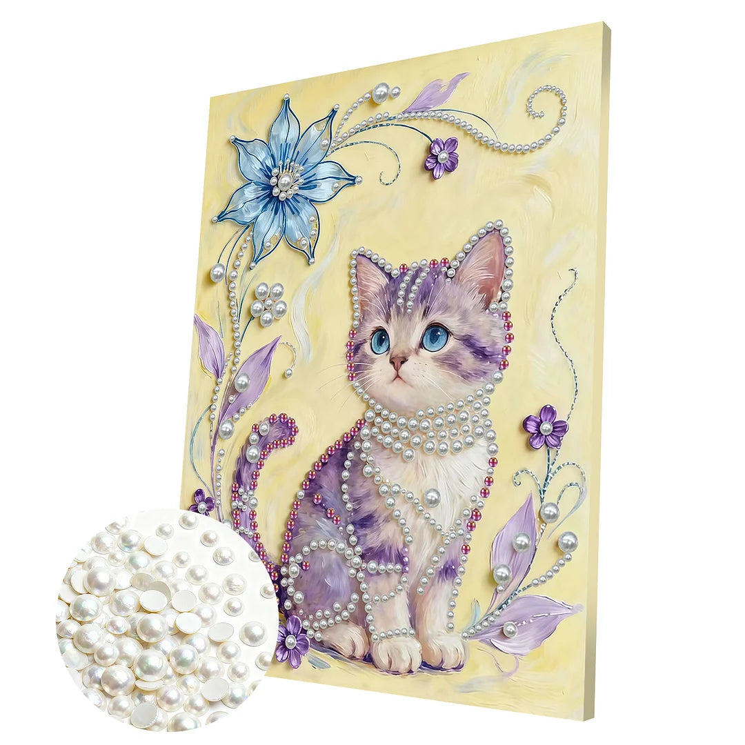 DIY Pearl Painting With Frame - Handmade Self-Adhesive Pearls - Flower Cat (30*40cm) B