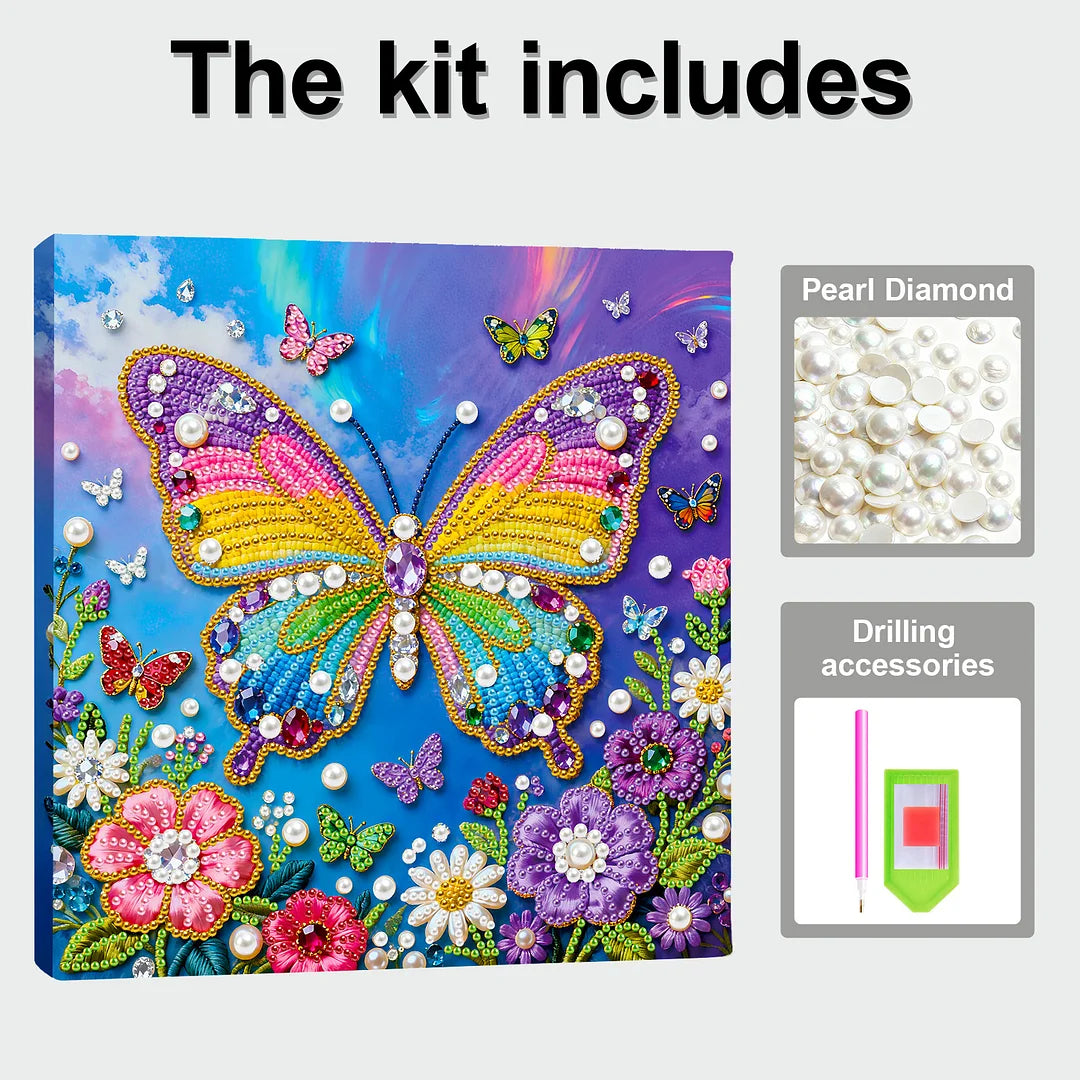 DIY Pearl Painting With Frame - Handmade Self-Adhesive Pearls - Butterfly (25*25cm) E