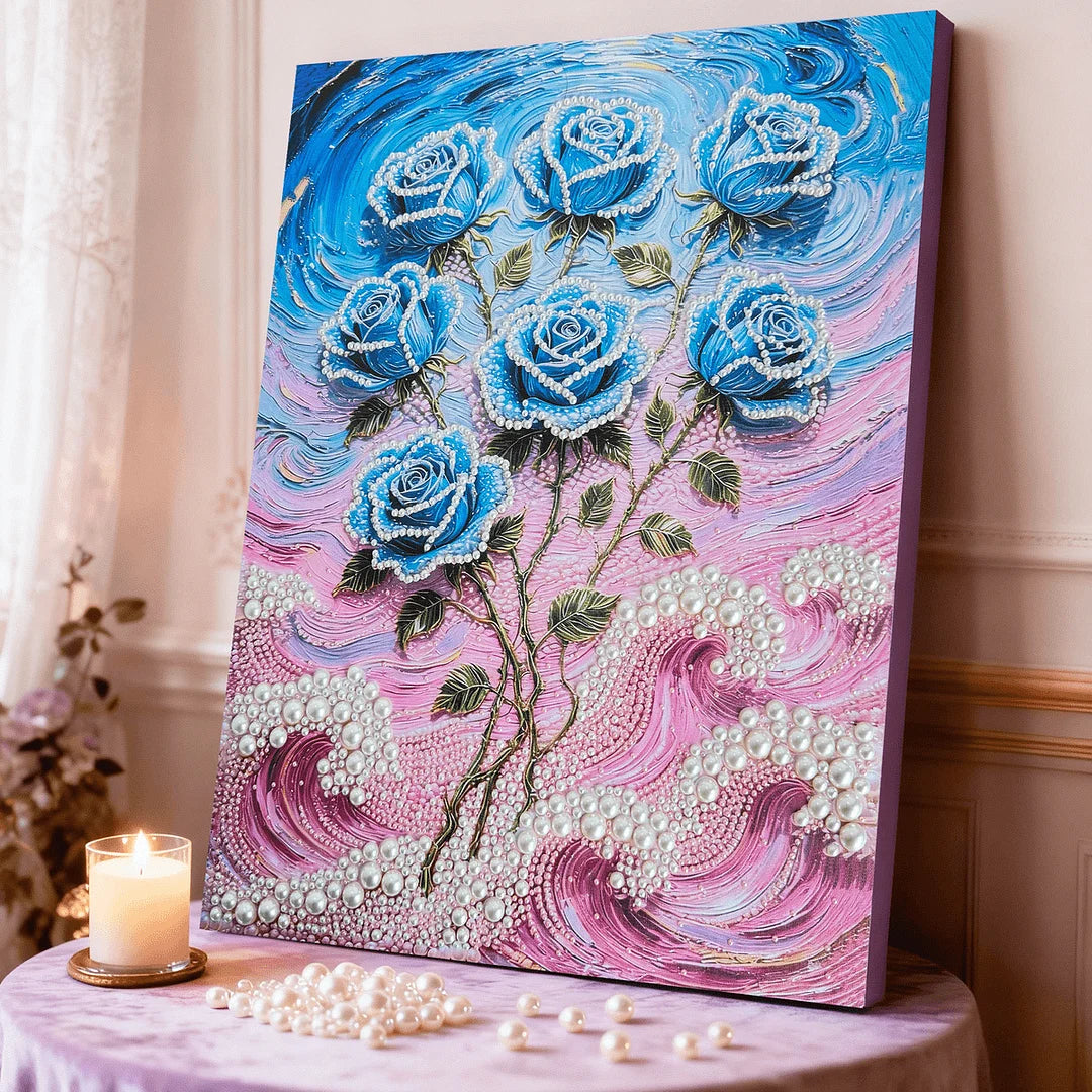 DIY Pearl Painting With Frame - Handmade Self-Adhesive Pearls - Blue Rose (40*50cm)