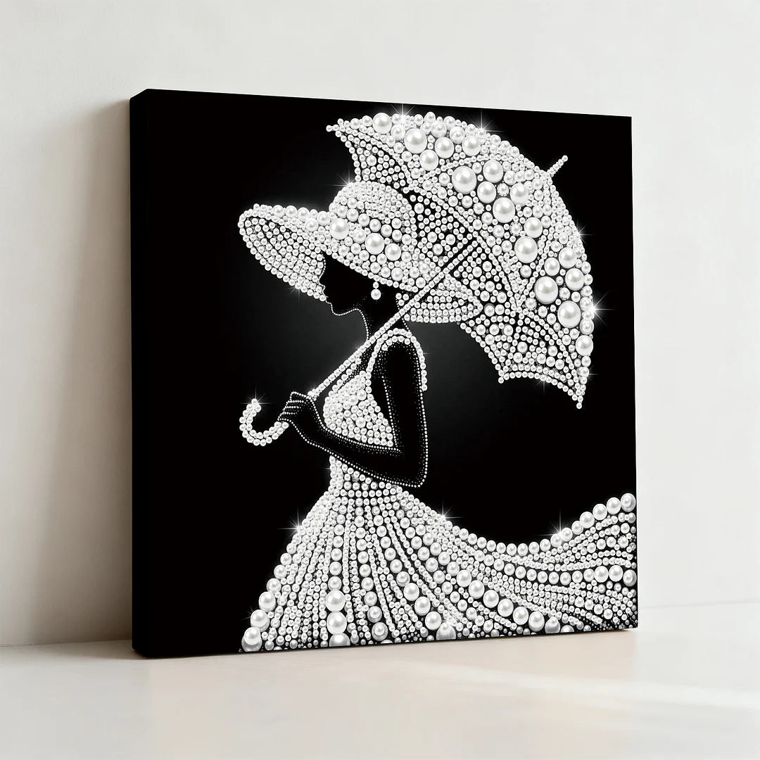 DIY Pearl Painting With Frame - Handmade Self-Adhesive Pearls - Elegant Lady with An Umbrella (25*25cm)