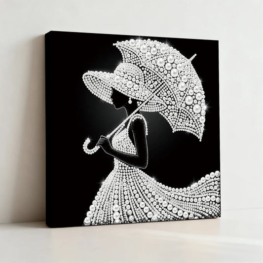 DIY Pearl Painting With Frame - Handmade Self-Adhesive Pearls - Elegant Lady with An Umbrella (25*25cm)