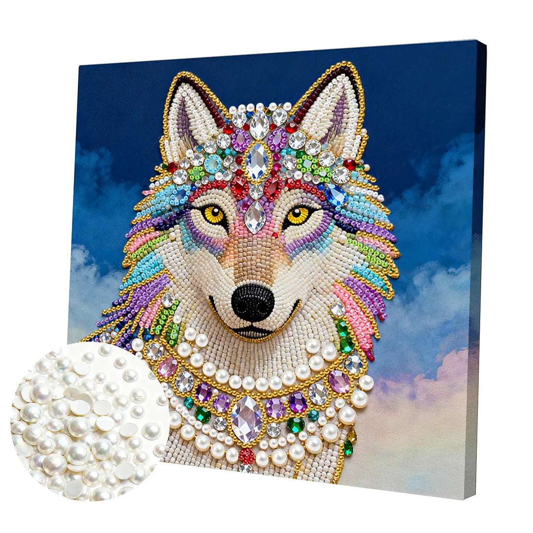 DIY Pearl Painting With Frame - Handmade Self-Adhesive Pearls - Wolf (25*25cm)
