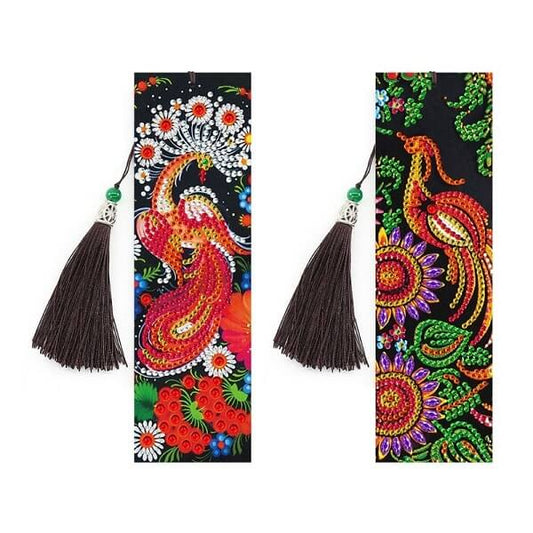 2 pieces diy peacock diamond painting bookmark pu leather tassel