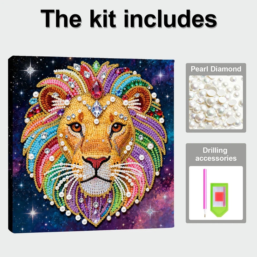 DIY Pearl Painting With Frame - Handmade Self-Adhesive Pearls - Lion (25*25cm) A