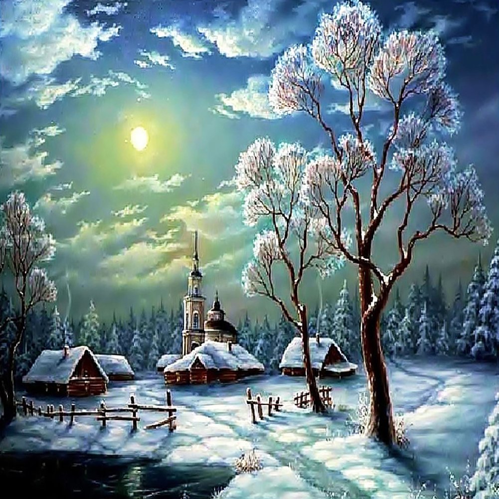 5D Diy Diamond Painting Kit Full Round Beads Snow Scene