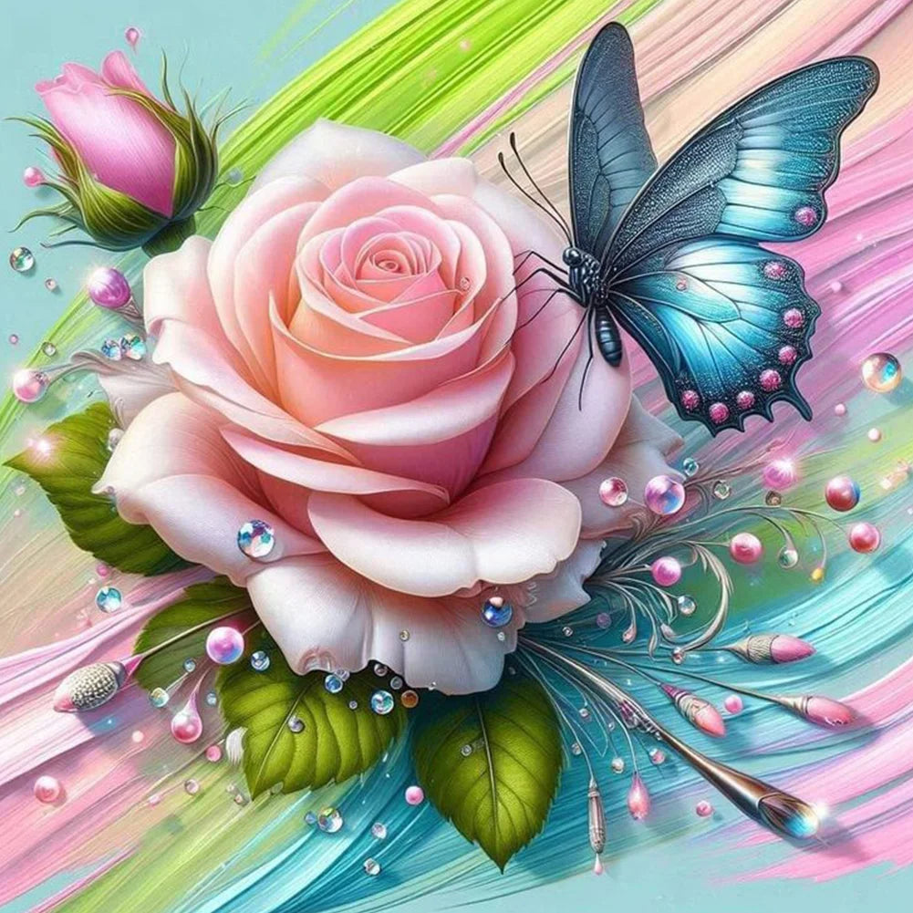 Diamond Painting - Full Round / Square - Pink Rose And Butterfly