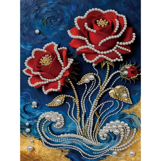 DIY Pearl Painting With Frame - Handmade Self-Adhesive Pearls - Red Flower (30*40cm)
