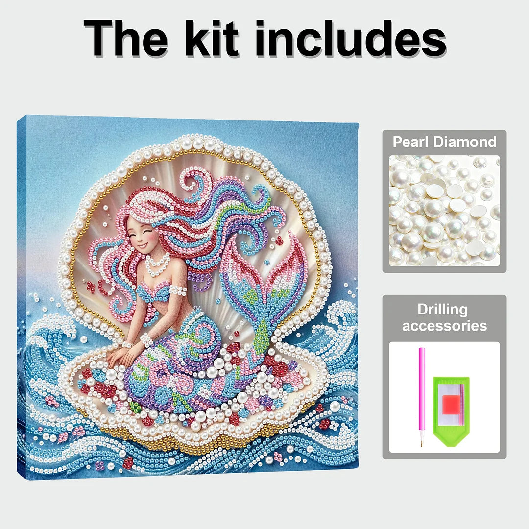 DIY Pearl Painting With Frame - Handmade Self-Adhesive Pearls - Seashell Mermaid (25*25cm)