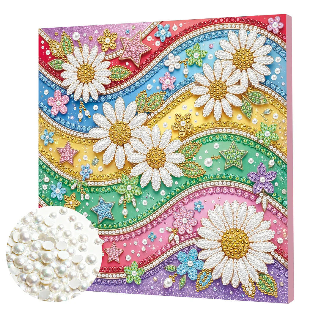 DIY Pearl Painting With Frame - Handmade Self-Adhesive Pearls - Rainbow Daisy (25*25cm)