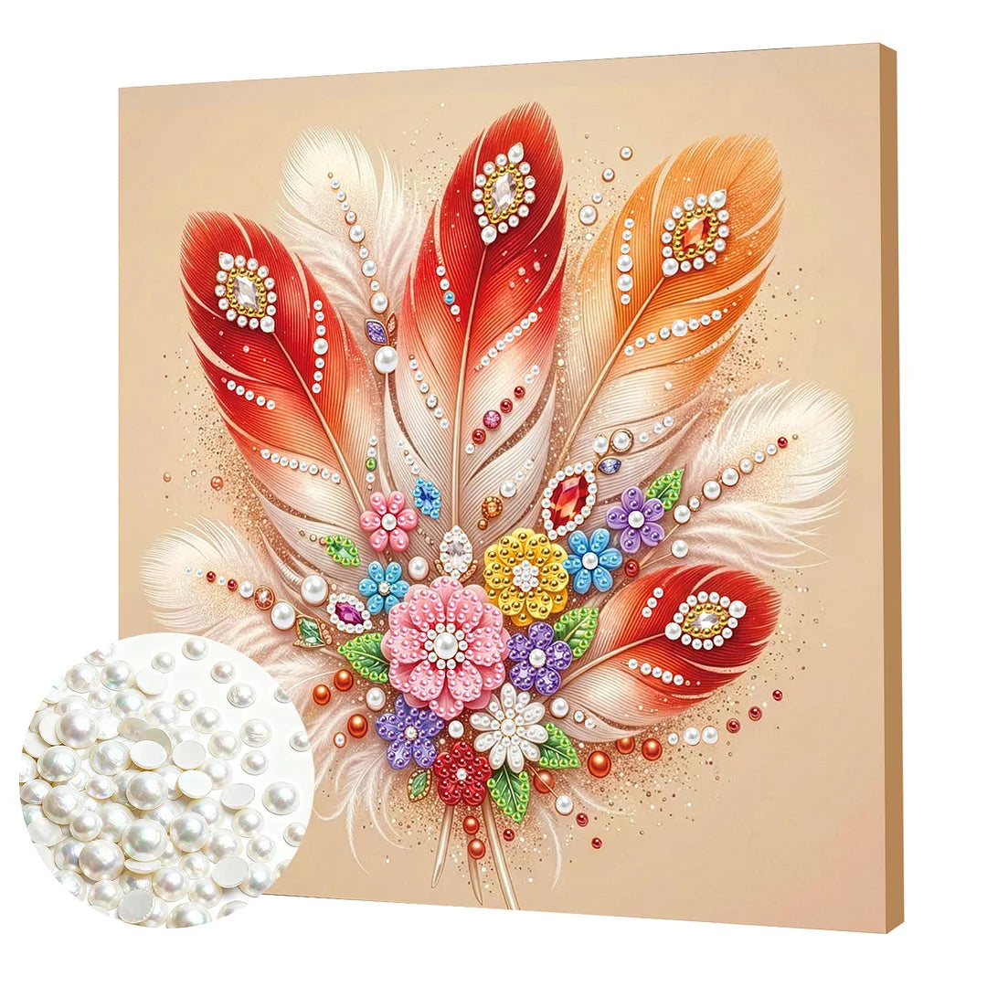 DIY Pearl Painting With Frame - Handmade Self-Adhesive Pearls - Feather (25*25cm)
