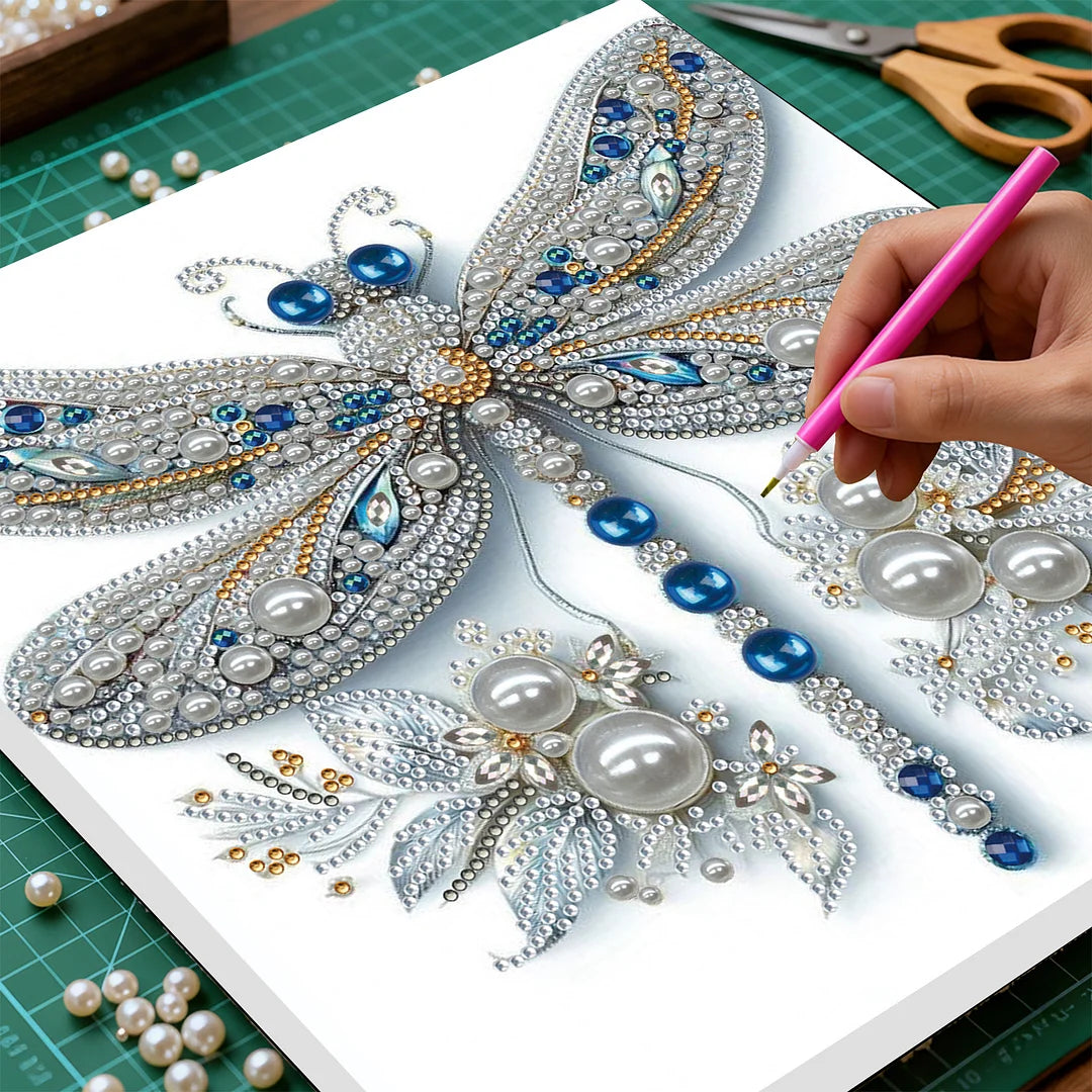 DIY Pearl Painting With Frame - Handmade Self-Adhesive Pearls - Dragonfly(25*25cm) A