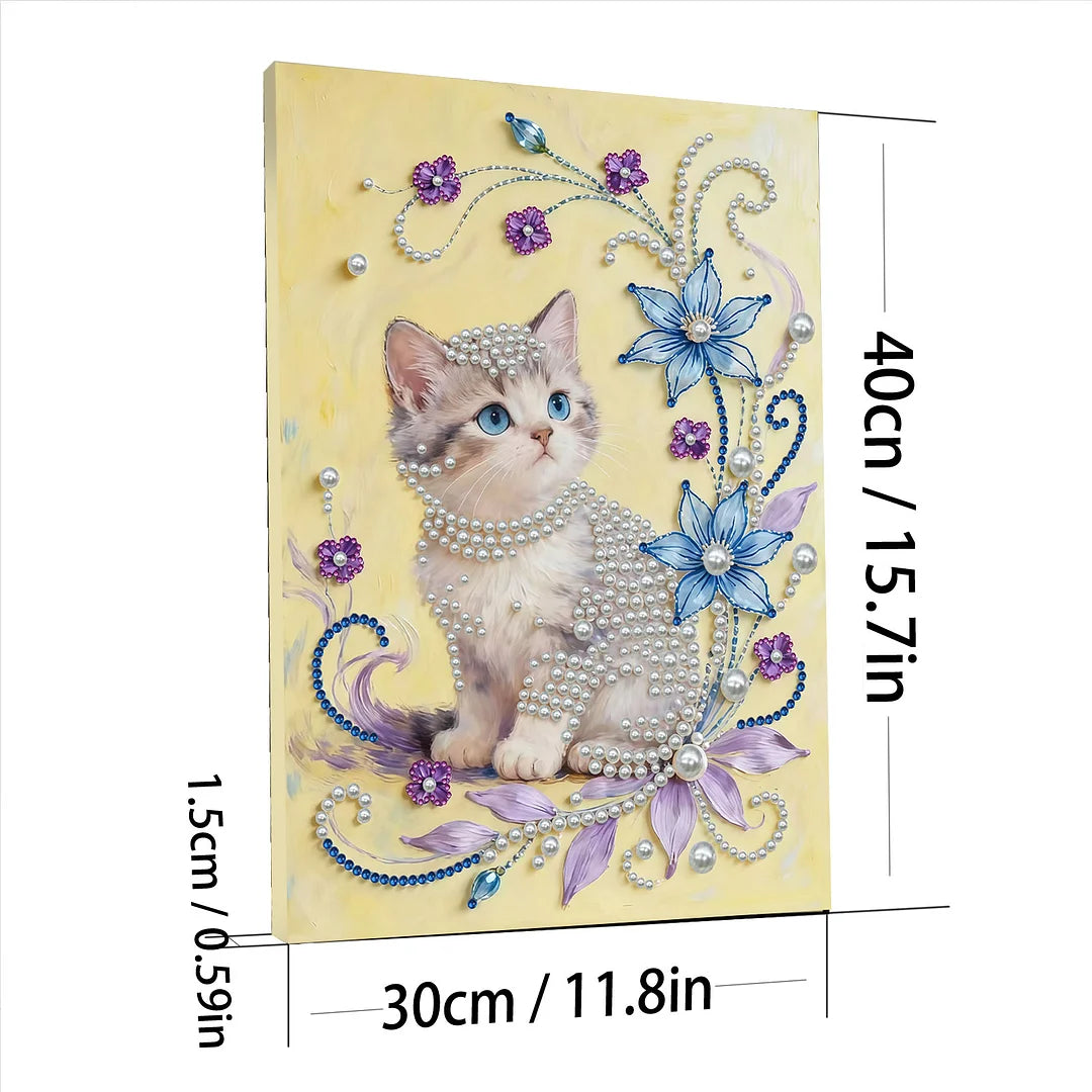 DIY Pearl Painting With Frame - Handmade Self-Adhesive Pearls - Flower Cat (30*40cm) A
