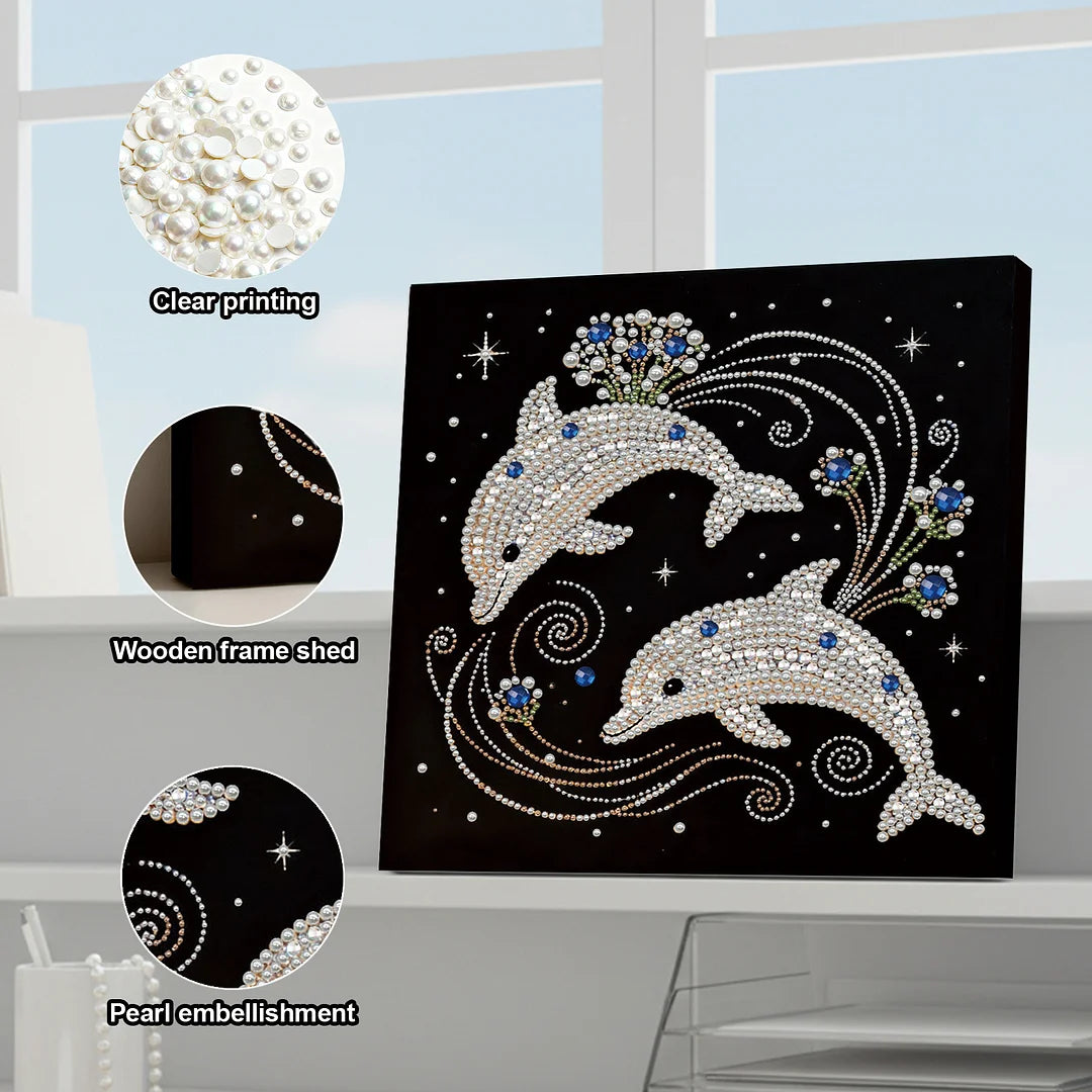 DIY Pearl Painting With Frame - Handmade Self-Adhesive Pearls - Dolphins (30*30cm)