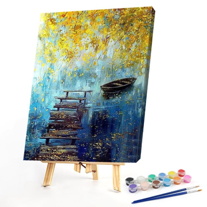 Oil Paint By Numbers DIY Riverside Boat Hand Painted Canvas Picture