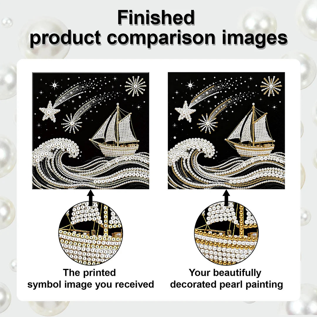 DIY Pearl Painting With Frame - Handmade Self-Adhesive Pearls - Sea Waves Sailing (25*25cm)