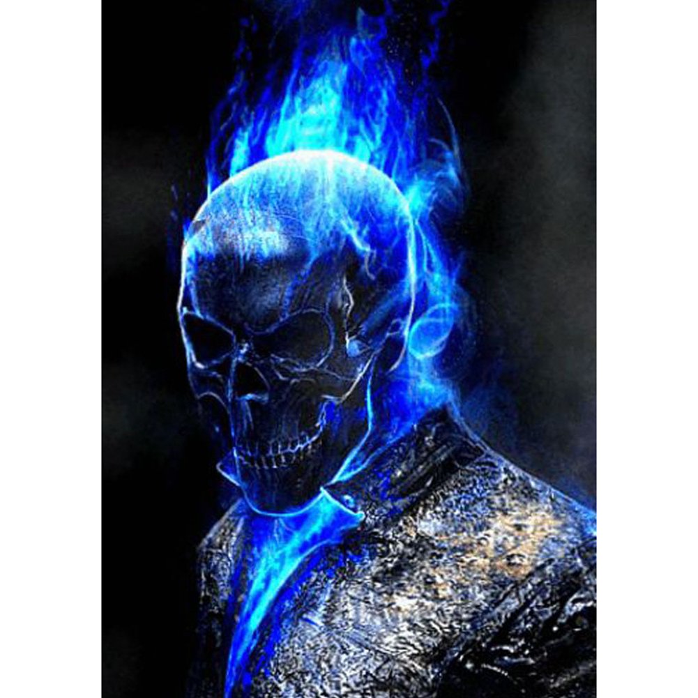 5D Diy Diamond Painting Kit Full Round Beads Blue Flame Skull