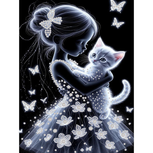 DIY Pearl Painting With Frame - Handmade Self-Adhesive Pearls - Girl and Cat (30*40cm)