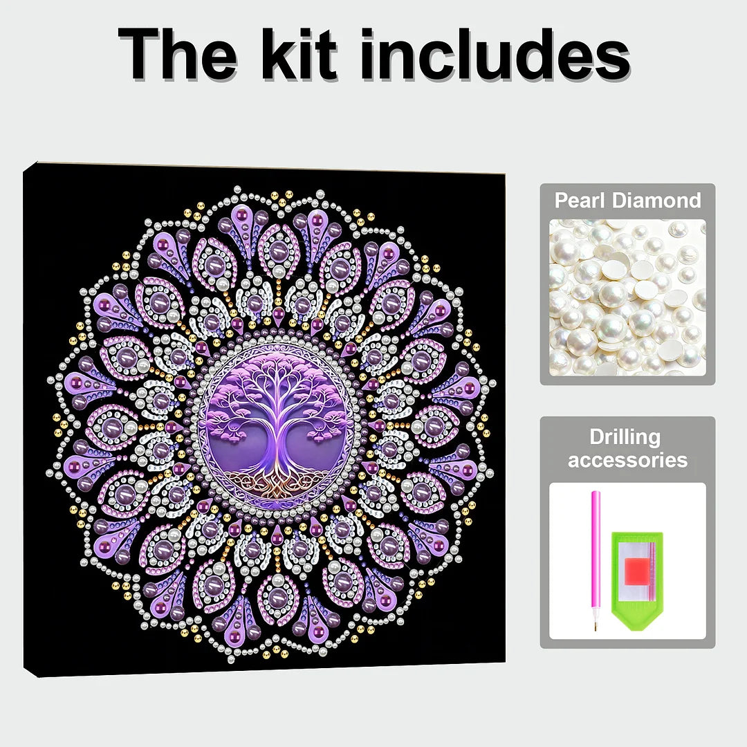 DIY Pearl Painting With Frame - Handmade Self-Adhesive Pearls - Purple Tree Mandala (25*25cm)