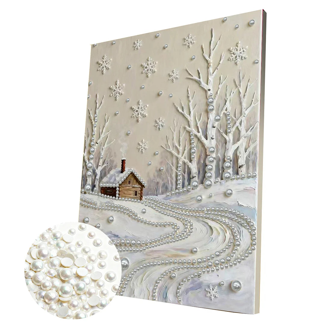 DIY Pearl Painting With Frame - Handmade Self-Adhesive Pearls - Snowy Field (30*40cm)