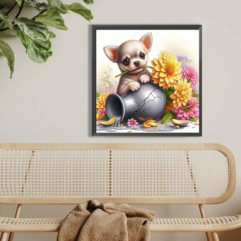 Diamond Painting - Full Round / Square - Dog With Flower Vase