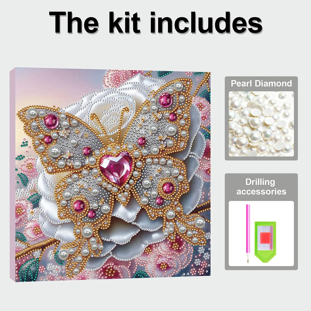 DIY Pearl Painting With Frame - Handmade Self-Adhesive Pearls - Heart Butterfly (25*25cm)