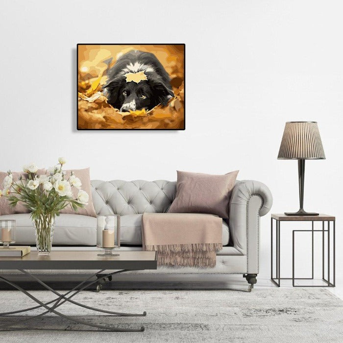 Painting By Numbers kit Oil Painting Leaf Black Dog Art Wall Picture