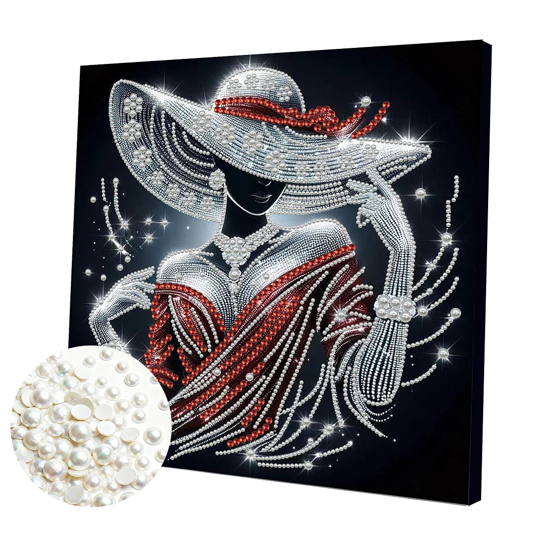 DIY Pearl Painting With Frame - Handmade Self-Adhesive Pearls - Lady (30*30cm) E