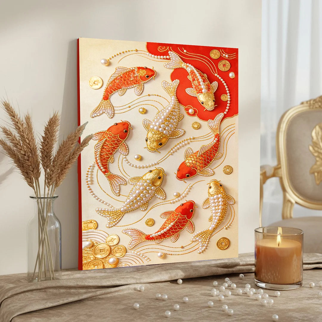 DIY Pearl Painting With Frame - Handmade Self-Adhesive Pearls - Koi Fish (40*50cm)