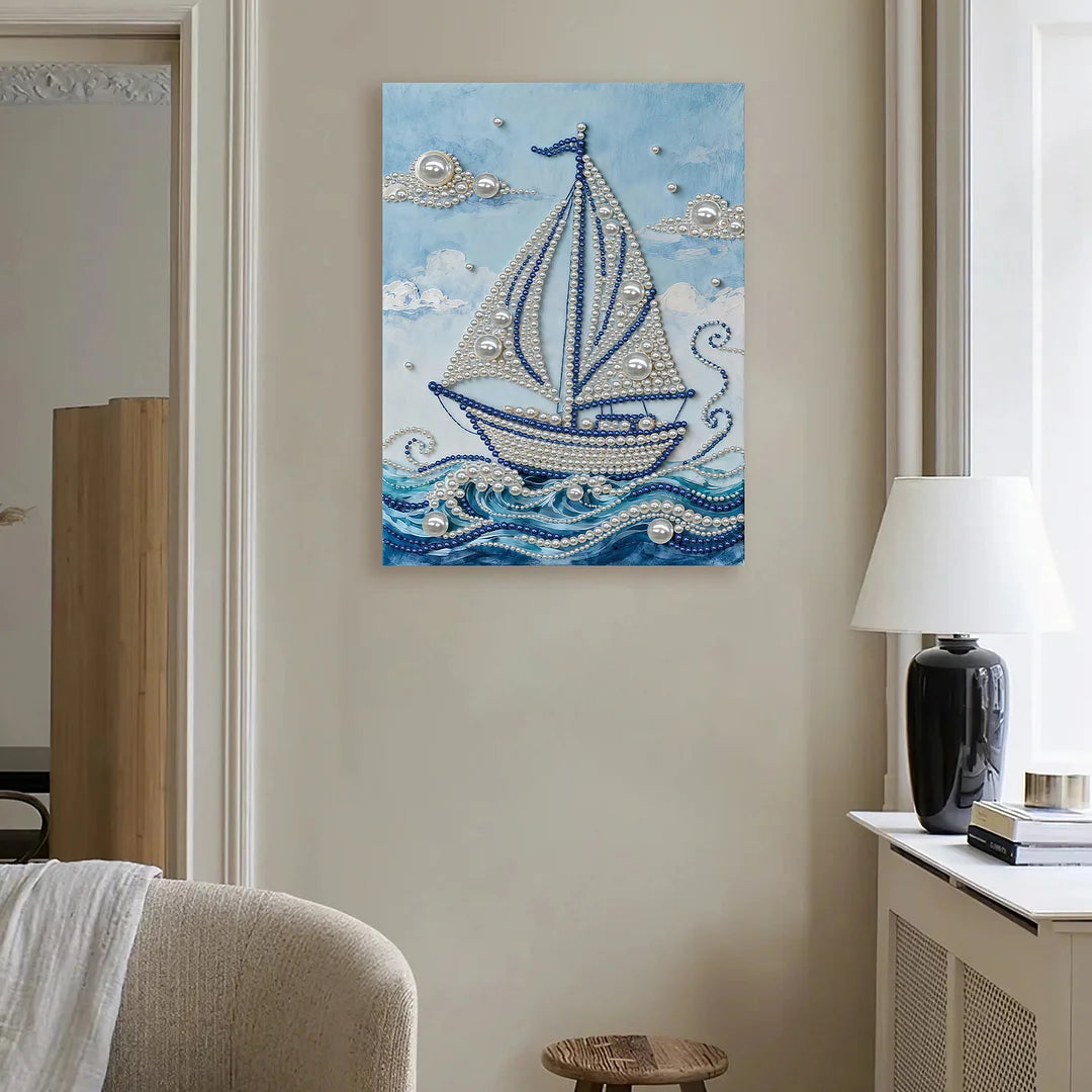 DIY Pearl Painting With Frame - Handmade Self-Adhesive Pearls - Sailboat (30*40cm) C