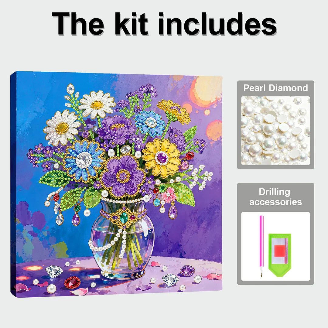 DIY Pearl Painting With Frame - Handmade Self-Adhesive Pearls - Vase (25*25cm)