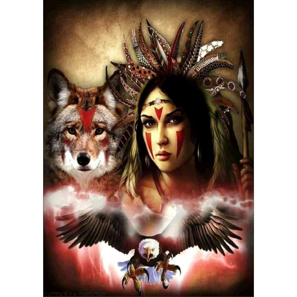 5D Diy Diamond Painting Kit Full Round Beads Eagle Wolf Girl