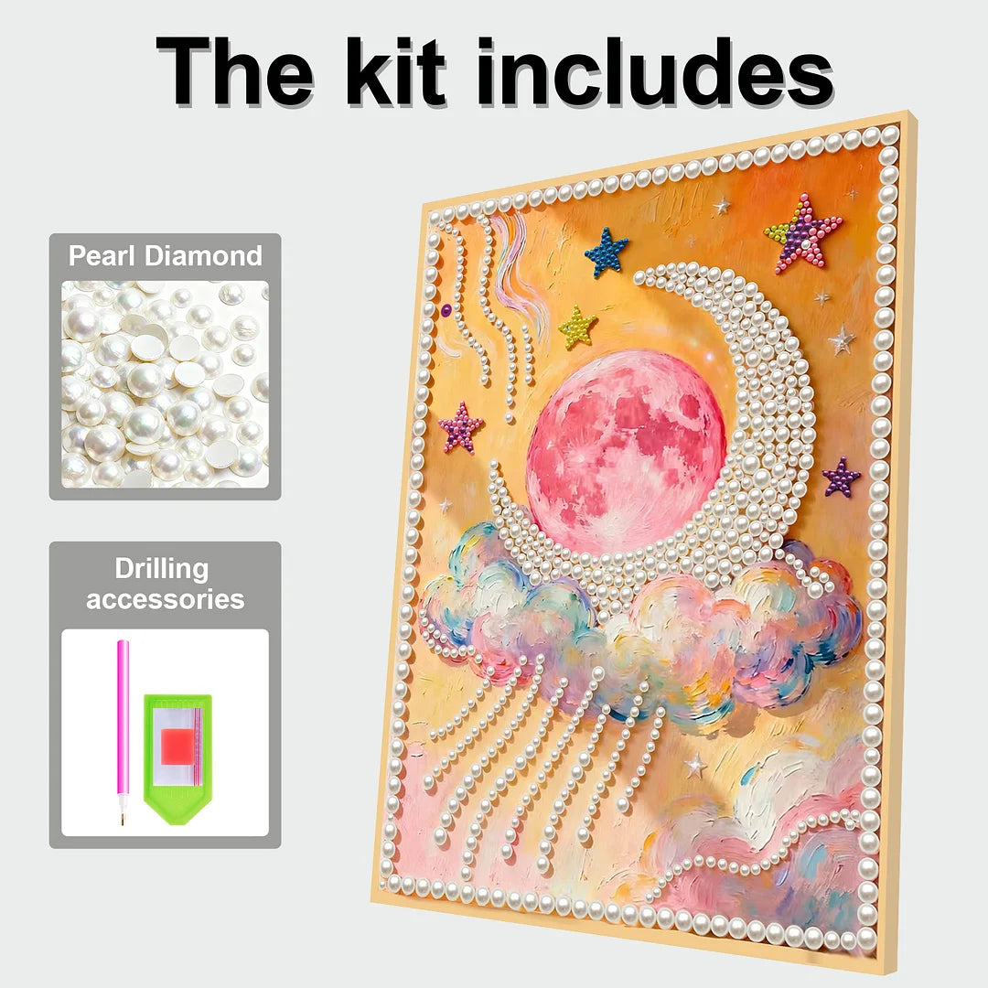 DIY Pearl Painting With Frame - Handmade Self-Adhesive Pearls - Moon oil painting (30*40cm)