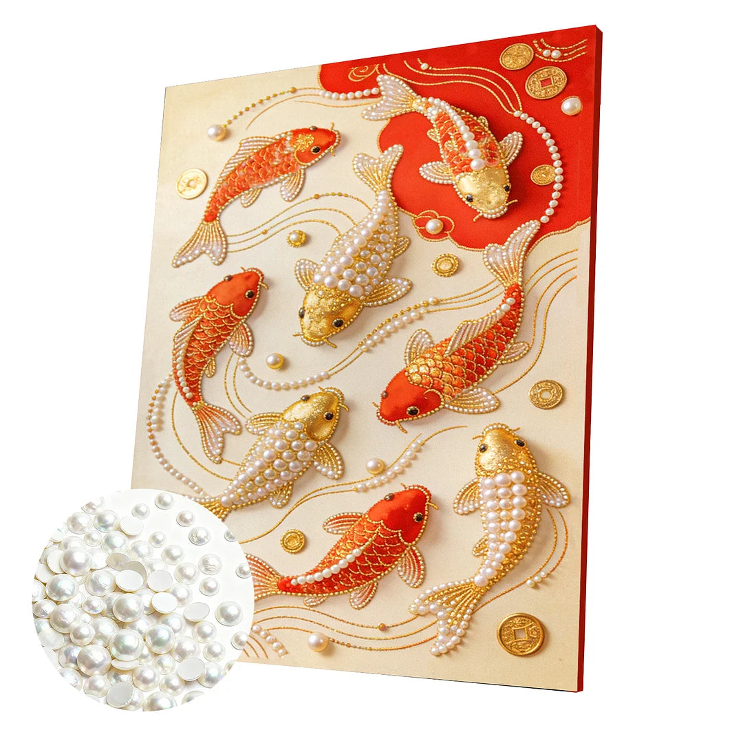 DIY Pearl Painting With Frame - Handmade Self-Adhesive Pearls - Koi Fish (40*50cm)