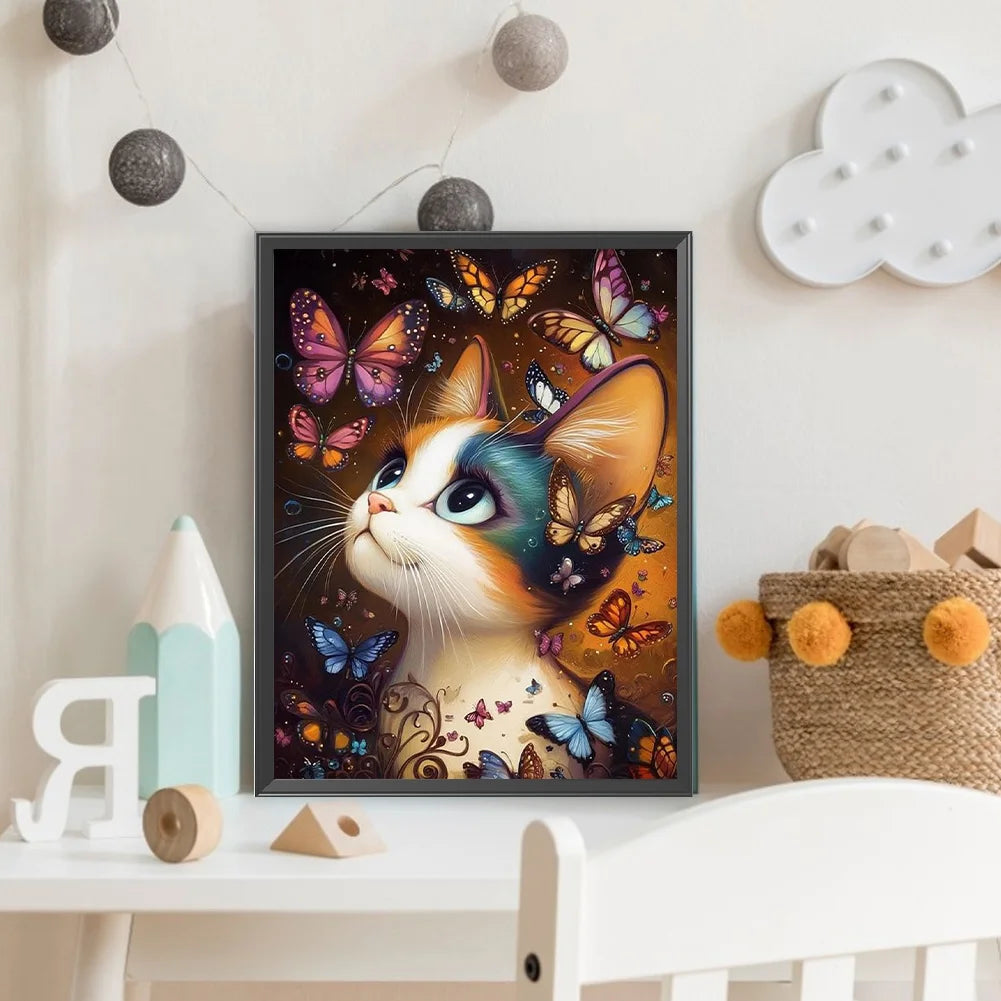 Diamond Painting - Full Round / Square - Butterfies and Cat