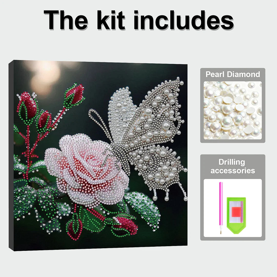 DIY Pearl Painting With Frame - Handmade Self-Adhesive Pearls - Butterfly Flower (25*25cm)