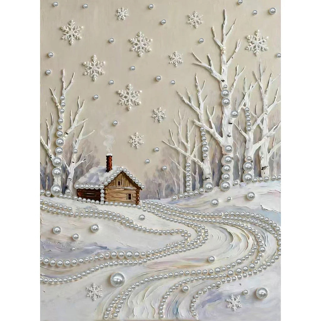 DIY Pearl Painting With Frame - Handmade Self-Adhesive Pearls - Snowy Field (30*40cm)