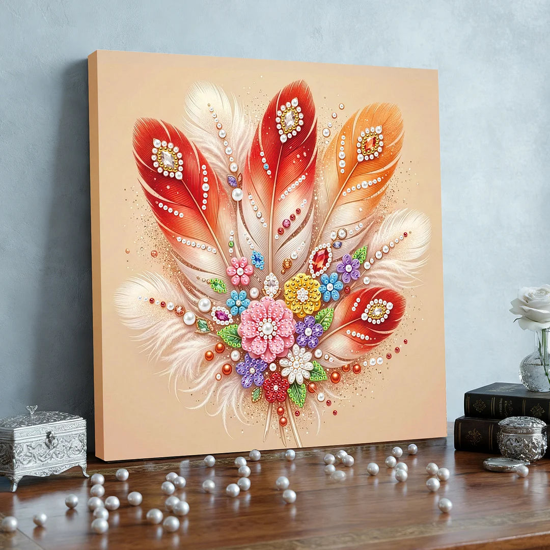 DIY Pearl Painting With Frame - Handmade Self-Adhesive Pearls - Feather (25*25cm)