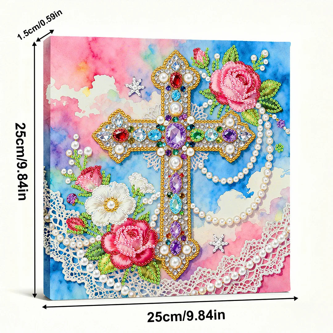 DIY Pearl Painting With Frame - Handmade Self-Adhesive Pearls - Cross (25*25cm)