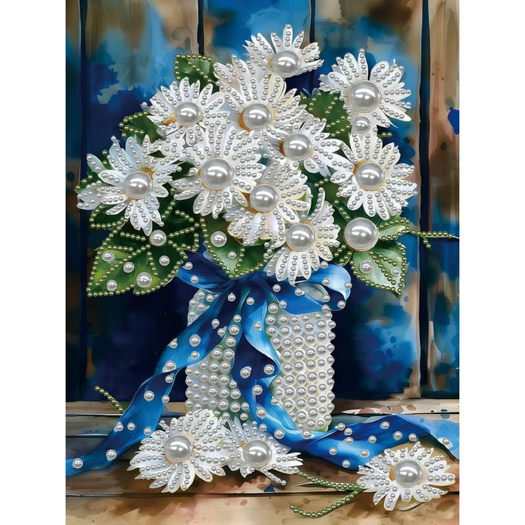 DIY Pearl Painting With Frame - Handmade Self-Adhesive Pearls - Blue Vase (30*40cm)