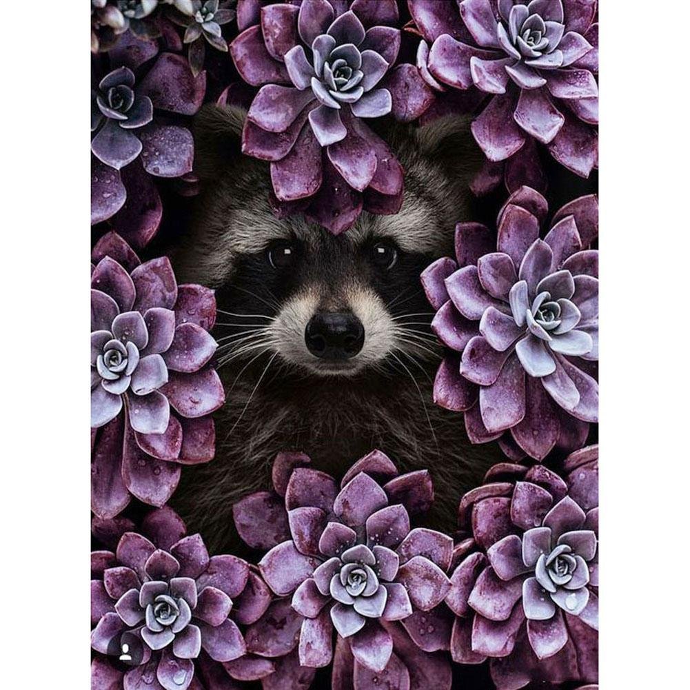5D Diy Diamond Painting Kit Full Round Beads Raccoon Flower