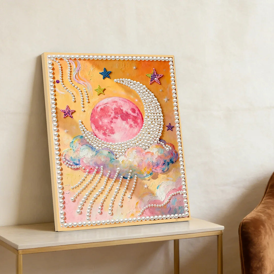 DIY Pearl Painting With Frame - Handmade Self-Adhesive Pearls - Moon oil painting (30*40cm)