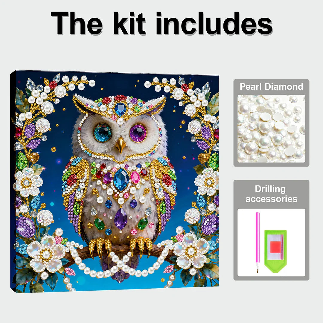 DIY Pearl Painting With Frame - Handmade Self-Adhesive Pearls - Owl (25*25cm) A
