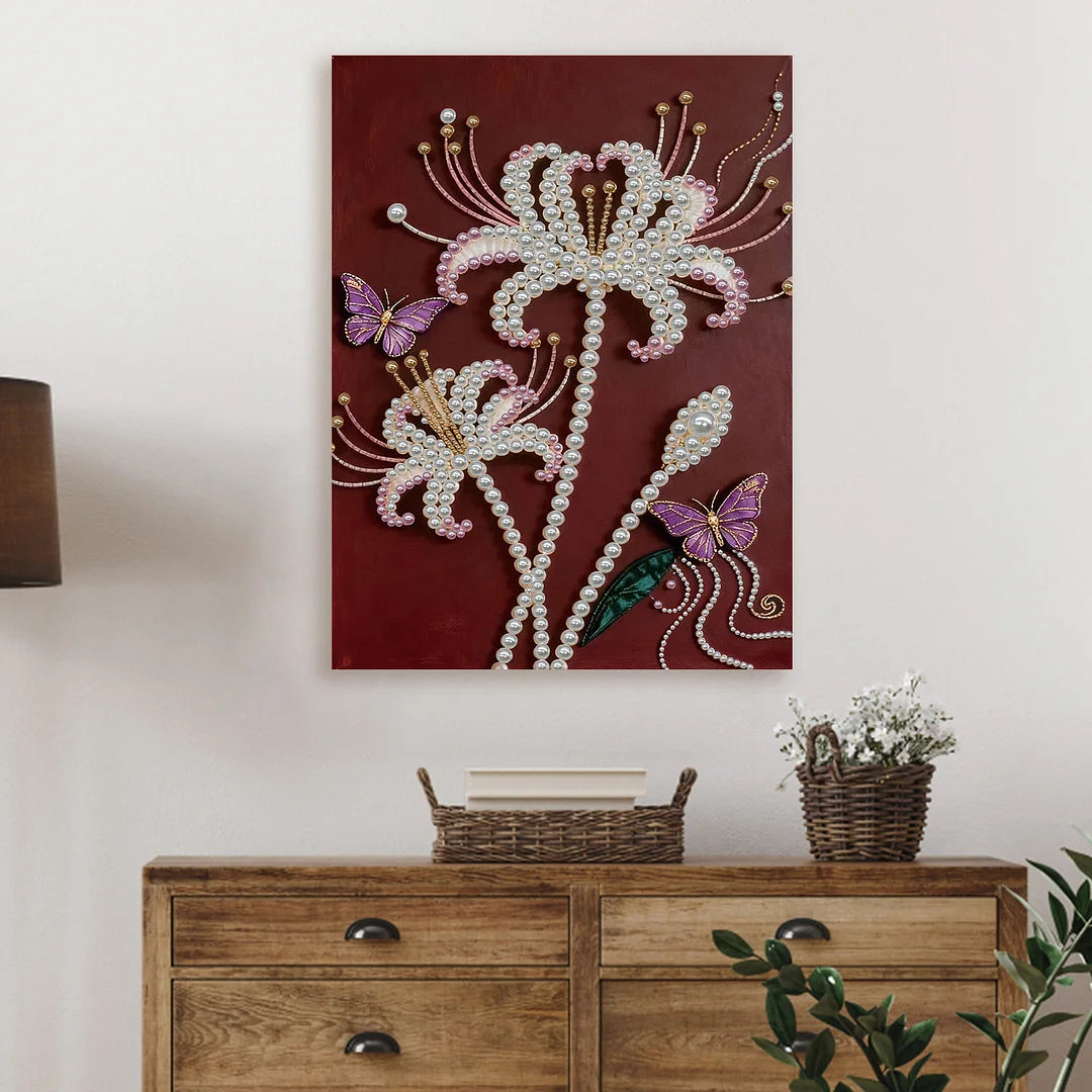 DIY Pearl Painting With Frame - Handmade Self-Adhesive Pearls - Lily Butterfly (30*40cm)