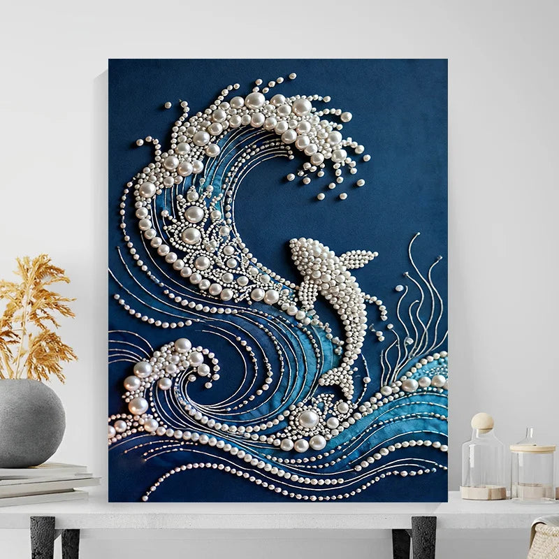 DIY Pearl Painting With Frame - Handmade Self-Adhesive Pearls - Flying Fish (40*50cm)