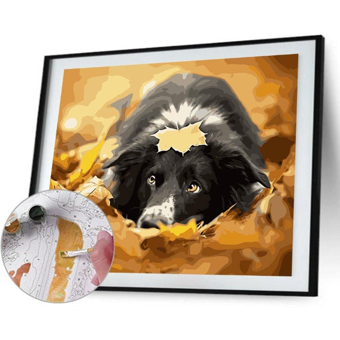 Painting By Numbers kit Oil Painting Leaf Black Dog Art Wall Picture