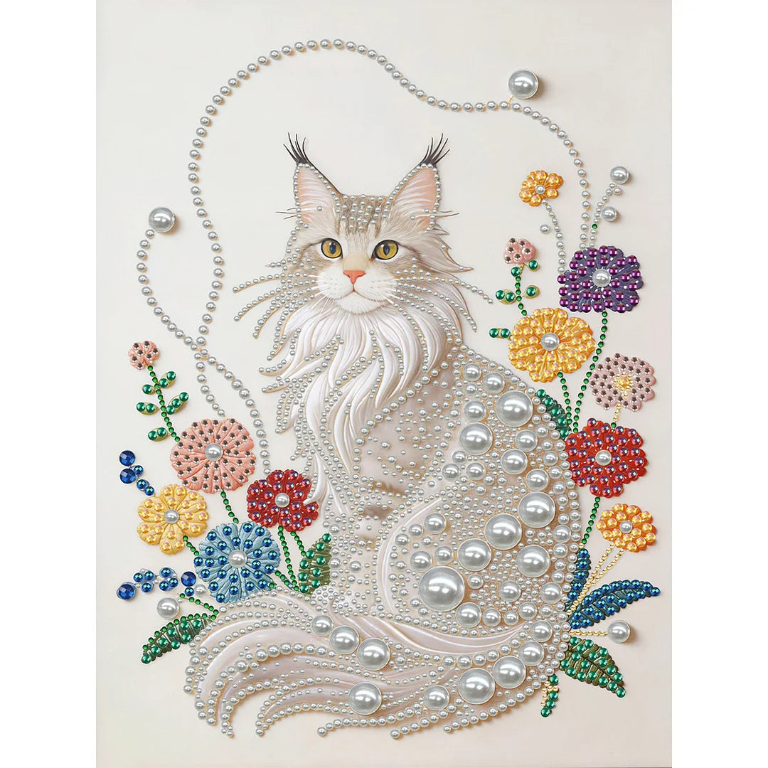 DIY Pearl Painting With Frame - Handmade Self-Adhesive Pearls - White Cat (30*40cm)