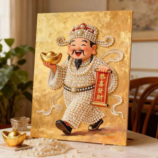 DIY Pearl Painting With Frame - Handmade Self-Adhesive Pearls - God of Wealth (40*50cm) B