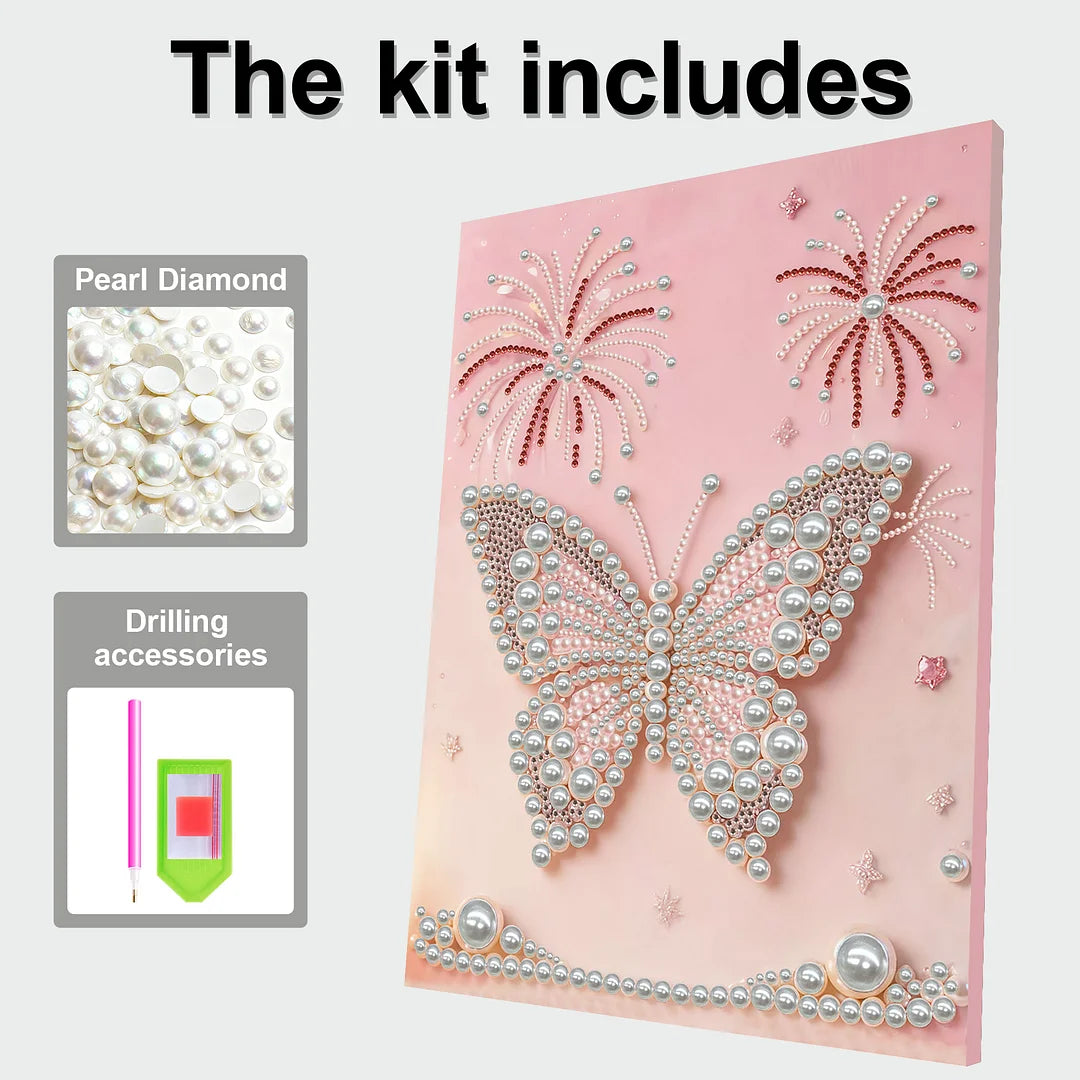 DIY Pearl Painting With Frame - Handmade Self-Adhesive Pearls - Butterfly (30*40cm) E
