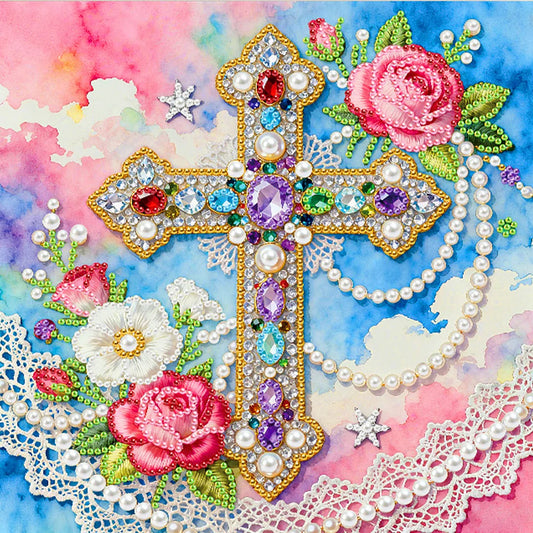 DIY Pearl Painting With Frame - Handmade Self-Adhesive Pearls - Cross (25*25cm)
